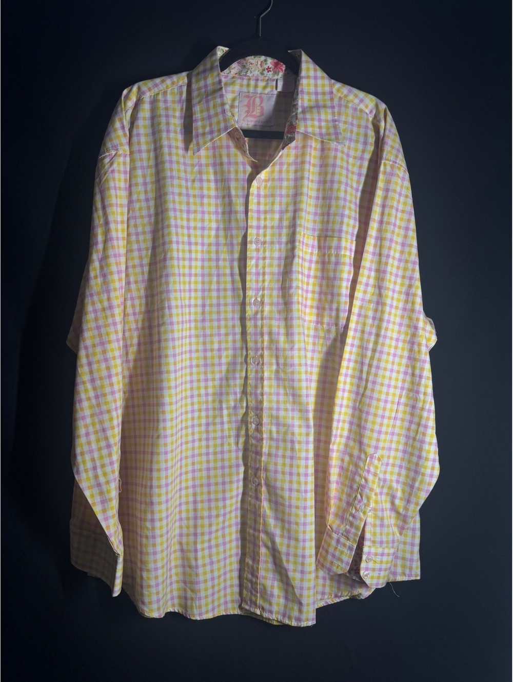 B by BOGNER Men's XXL Yellow and Pink Checkered Dress Shirt with Floral Collar L